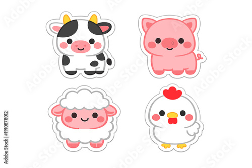 A set of four cute cartoon farm animal stickers featuring a cow, a pig, a sheep, and a chicken. Each animal has a kawaii style with rosy cheeks and a white border on a black background.