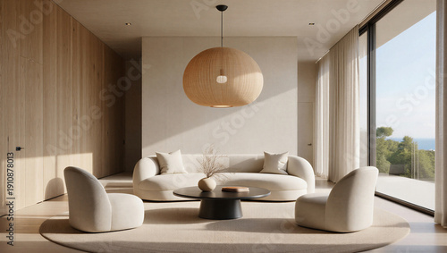 Foto Modern living room with beige furniture and large windows