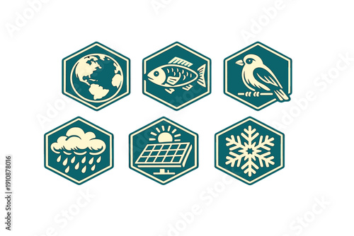 Six hexagonal icons featuring environmental and nature symbols such as the globe, fish, bird, rain cloud, solar panel, and snowflake in a flat teal and cream graphic design.