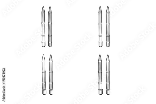 A black and white line drawing featuring four pairs of segmented bamboo stalks or spears arranged in a grid pattern. Each pair consists of two vertical poles with pointed tips.