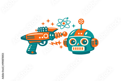A retro-style vector illustration featuring a teal and orange ray gun next to a robot head, accompanied by an atom symbol and stars against a solid black background.