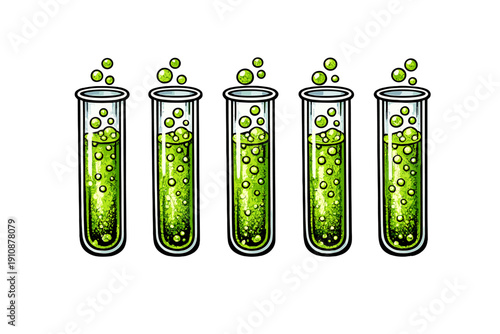 Five glass test tubes filled with a bubbling green liquid are arranged in a row against a black background. Green bubbles float above the tubes in this stylized illustration.