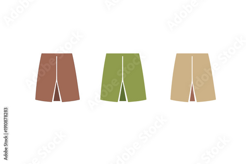 Three minimalist illustrations of A-line skirts are shown in brown, green, and beige colors. Each skirt features a central vertical seam and a small slit at the bottom hem.