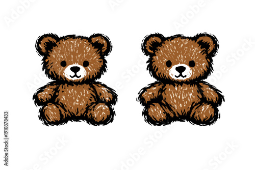 Two identical hand-drawn brown teddy bear illustrations are positioned side-by-side against a solid black background. The bears feature a textured, sketchy artistic style with white muzzles.