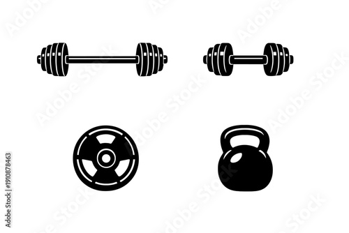 This minimalist black and white graphic displays two styles of weightlifting equipment, including a long barbell and a shorter hand dumbbell with stacked weight plates.