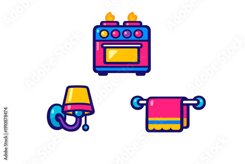 A collection of three colorful household icons including a kitchen stove with lit burners, a wall-mounted lamp, and a pink towel on a rack, all set against a black background.
