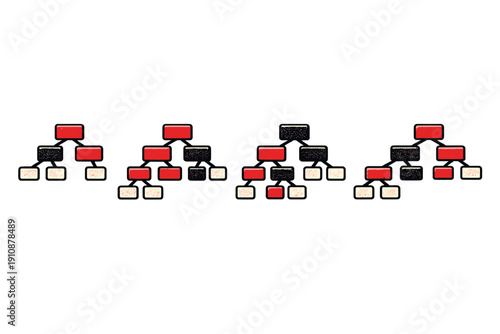 A series of four binary tree diagrams featuring red, black, and beige rectangular nodes on a dark background, illustrating concepts of data organization and hierarchical structures.