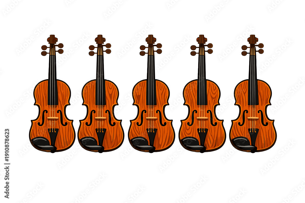 Fototapeta premium Five identical wooden violins are arranged in a horizontal row against a solid black background. Each instrument features detailed wood grain patterns and classic design elements.