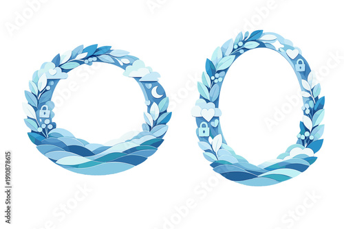 A set of two decorative frames, one circular and one oval, designed in a layered paper-cut style with blue leaves, clouds, waves, and small icons like hearts and locks on a black background.