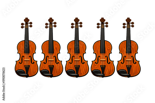 Five identical wooden violins are arranged in a horizontal row against a solid black background. Each instrument features detailed wood grain patterns and classic design elements.