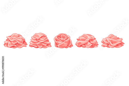 Five mounds of pink pickled ginger are arranged in a horizontal row against a solid black background. The ginger slices are shaped like roses and ruffled piles for sushi.