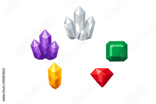 A collection of five colorful faceted gemstones and crystal clusters in various shapes including purple, white, yellow, red, and green, isolated on a solid black background.