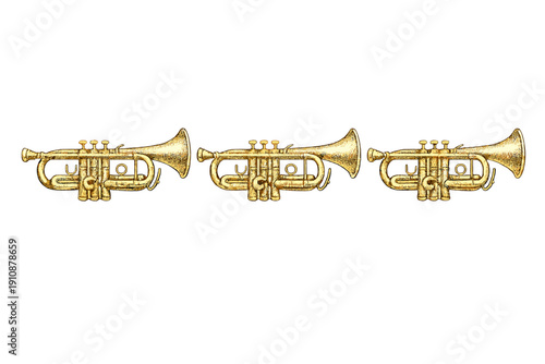 Three golden trumpets are aligned horizontally in a row against a solid black background. The musical instruments feature a textured, stippled finish and detailed valve systems.