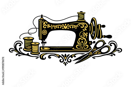 This elegant gold illustration features a vintage sewing machine adorned with intricate floral designs and accompanied by spools of thread on a stark black background.