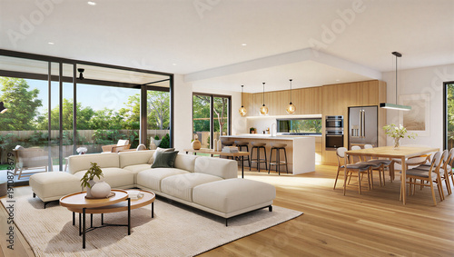 Φωτογραφία Modern living room and kitchen interior with natural light and wood floors in a