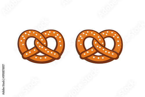 Two brown salted pretzels are displayed side-by-side against a solid black background. This vector illustration features a classic knotted shape with white salt crystals on top.