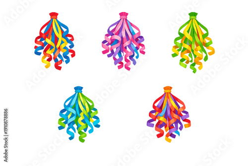 A collection of five colorful curly ribbon tassels is displayed on a black background. Each tassel features a mix of bright hues and spiraling strands tied together at the top.