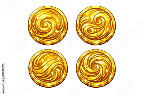 A set of four golden coins featuring decorative swirling designs and small sparkling stars. The metallic tokens are presented on a dark background with a bright yellow and orange glow.