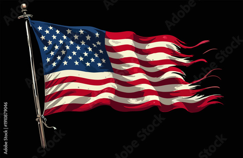 Vector design with decorative drawing of 
torn long national flag of usa is fluttering in wind. 
Fashion t-shirt print. American pattern of stars 
and stripes for textiles, fabric, clothing.