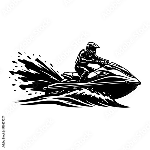 black and white jet ski rider silhouette speed water sports vector illustration