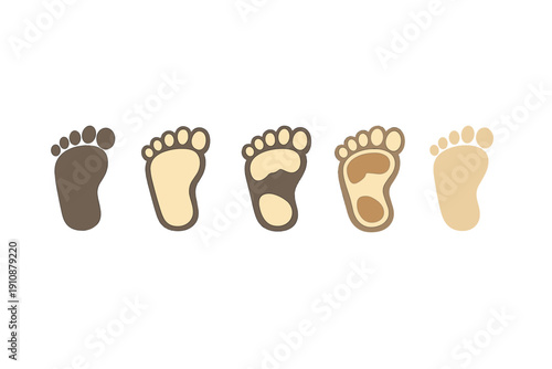 A graphic illustration featuring five stylized footprints in a row, displaying a gradient of skin tones from dark brown to light beige against a solid black background.