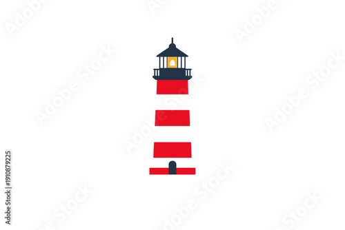 A flat vector illustration of a red and black striped lighthouse with a glowing yellow light at the top, set against a solid black background. Simple and minimalist design.