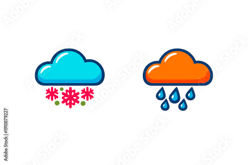 Two stylized weather icons on a black background. One is a blue cloud with pink snowflakes and green dots, while the other is an orange cloud with blue raindrops falling down.