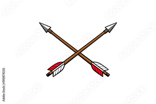 Two crossed wooden arrows with silver metal points and red and white fletching are centered on a black background. This clean vector illustration represents a traditional archery icon.