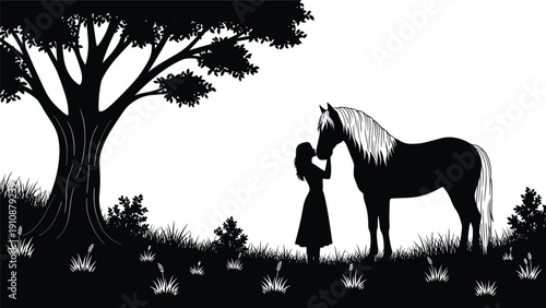 Black silhouette of a young woman standing in a grassy field under a large tree sharing a peaceful moment with her majestic horse