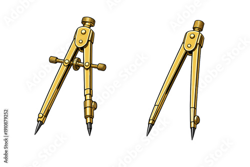 Two golden drawing compasses are shown against a solid black background. These metallic drafting tools feature sharp points and adjustable hinges for precise geometric measurements.