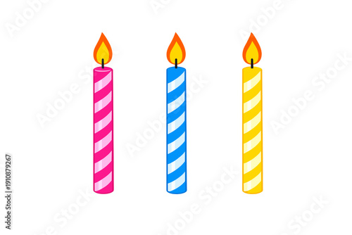 Three colorful birthday candles with white spiral stripes are lit and standing against a solid black background. The candles are pink, blue, and yellow with bright orange flames.