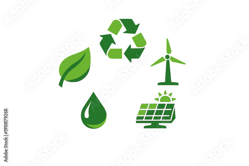 A collection of five green environmental icons including a recycle symbol, wind turbine, solar panel, water drop, and leaf, arranged in a circular pattern on a black background.