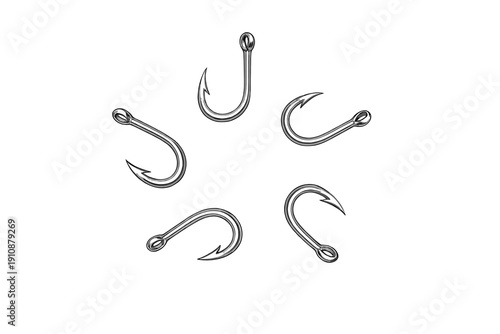 Five silver metallic fishing hooks are arranged in a circular pattern against a solid black background. The hooks feature sharp barbs and small eyelets for line attachment.