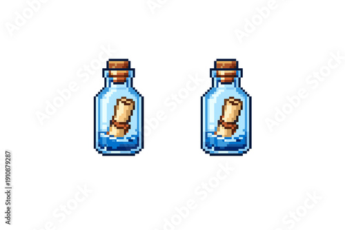 Two pixel art icons of a message in a bottle against a black background. Each glass bottle contains a rolled parchment scroll and blue water, sealed with a brown cork stopper.