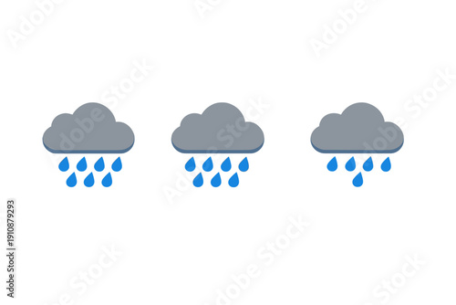 Three identical icons of grey clouds with blue raindrops falling from them are arranged in a row against a solid black background. This graphic represents rainy weather conditions.