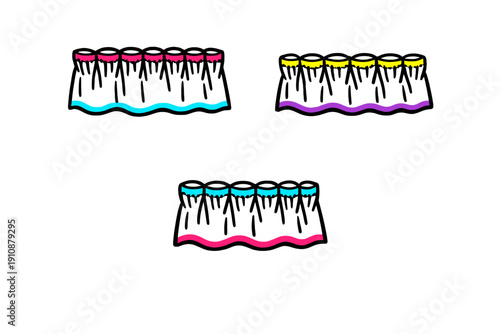 Three abstract graphic illustrations of pleated fabric or curtains in neon colors including pink, cyan, yellow, and purple, set against a solid black background for high contrast.