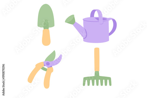 This vector style illustration features a green garden trowel, a purple watering can, pruning shears, and a small rake. The set of tools is presented in a clean, minimalist design.