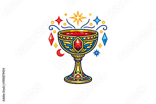 This vector illustration features an ornate golden goblet with a red gemstone, filled with crimson liquid and surrounded by mystical stars and celestial shapes on a dark background.