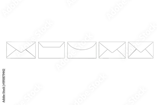 A row of five white envelope icons with different flap designs is displayed against a solid black background. The minimalist illustration shows various styles of mail and correspondence.