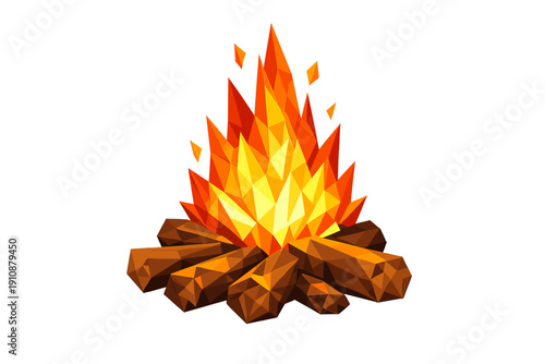 A lowpoly vector illustration of a campfire featuring bright orange and yellow geometric flames burning over brown wooden logs, isolated on a solid black background.