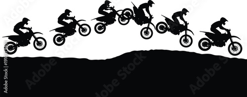 Black Silhouette of Motocross Biker Performing Multiple Jump Stunts Over Hill Against White Background for Extreme Sports Action Freestyle Dirt Bike Motion Concept