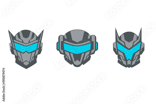 A set of three futuristic mecha helmet icons with bright cyan visors on a black background. The minimalist vector design uses gray tones and geometric lines for a sci-fi look.