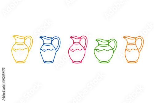 Five colorful outline illustrations of pitchers arranged in a horizontal row against a solid black background. The jugs are colored yellow, blue, pink, green, and orange.