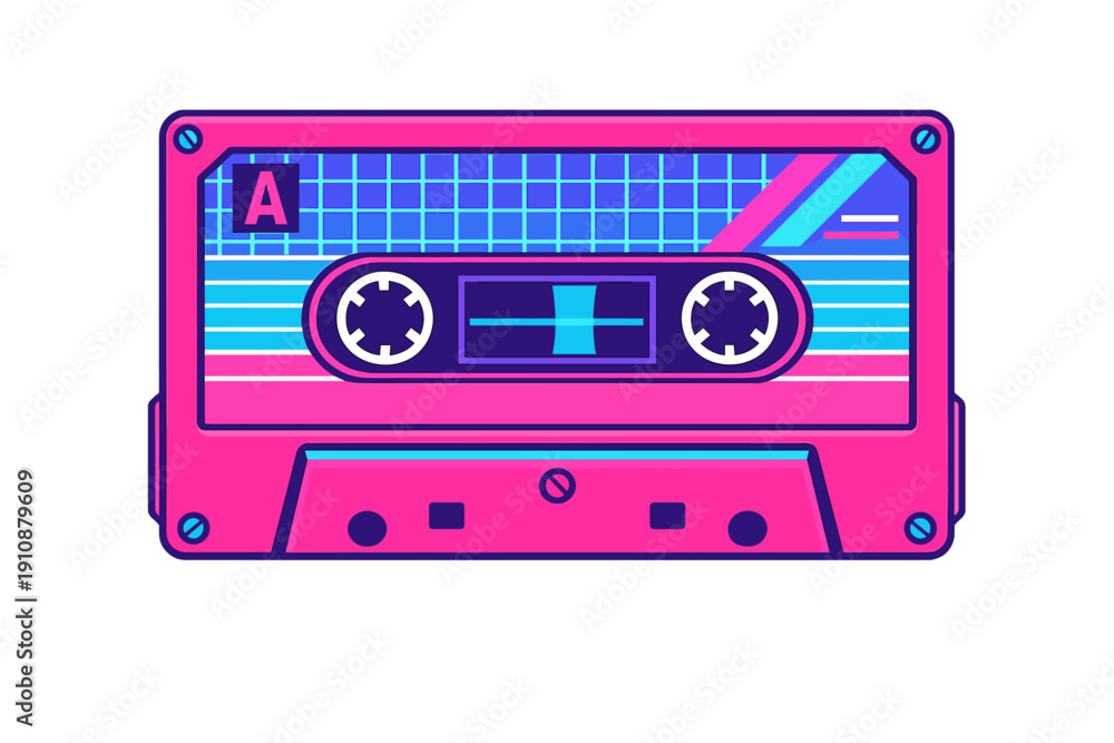 Obraz premium This retro cassette tape illustration features a vibrant neon pink and blue color palette with a synthwave aesthetic. It includes a grid pattern and geometric design elements.