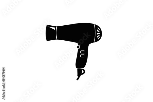 A black silhouette of a professional hair dryer isolated on a dark background. This minimalist graphic represents hair care, beauty salon equipment, and personal grooming tools.