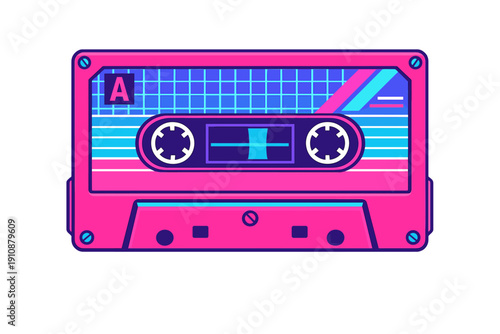 This retro cassette tape illustration features a vibrant neon pink and blue color palette with a synthwave aesthetic. It includes a grid pattern and geometric design elements.