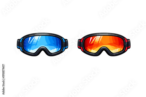 Two pairs of winter sports goggles with reflective lenses are shown against a solid black background. One pair is blue and the other is red with orange tinted lenses.