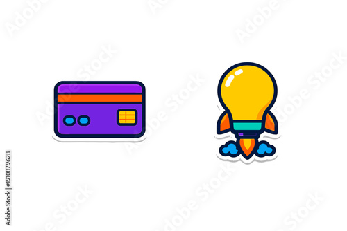 Two colorful sticker-style icons on a black background featuring a purple credit card with a gold chip and a yellow light bulb designed as a rocket ship launching with blue smoke.