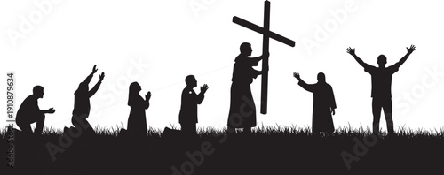 Silhouette of Christian People Praying and Worshiping God with Cross in Nature Meadow at Sunset for Religious Devotion Faith and Spiritual Hope Concept