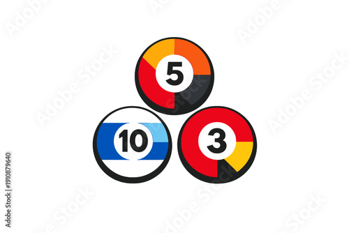 Three colorful stylized billiard balls with numbers five, ten, and three are displayed in a pyramid arrangement on a plain black background in this flat vector illustration.